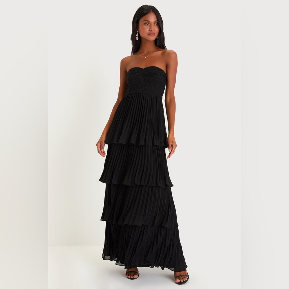 Lulus Seriously Sensational Black Strapless Tiered Maxi Dress Size M